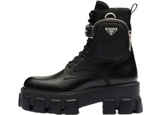 Prada Monolith Pouch Ankle Boots Black Leather